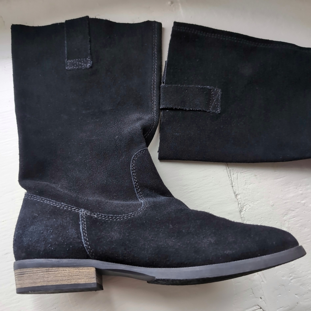 Black real suede mid calf pointy toe boots